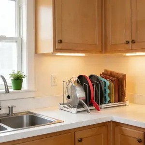 EVERIE Expandable Pot Lid & Pan Organizer Rack Adjustable 12.6"-21.5" Kitchen Cabinet Storage Holder for Lids Bakeware & Cutting Boards 10 Dividers Space-Saving Kitchen Accessory Gifts for Mom