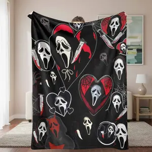 Halloween Ghost Mask Flannel Blanket Horror Knife Heart Print Pattern Soft Warm Cozy Lightweight Design Perfect for Home Decor Movie Night Couch Bedroom Holiday Gift Party Decoration Collectible Art Spooky Themed Living Space Use