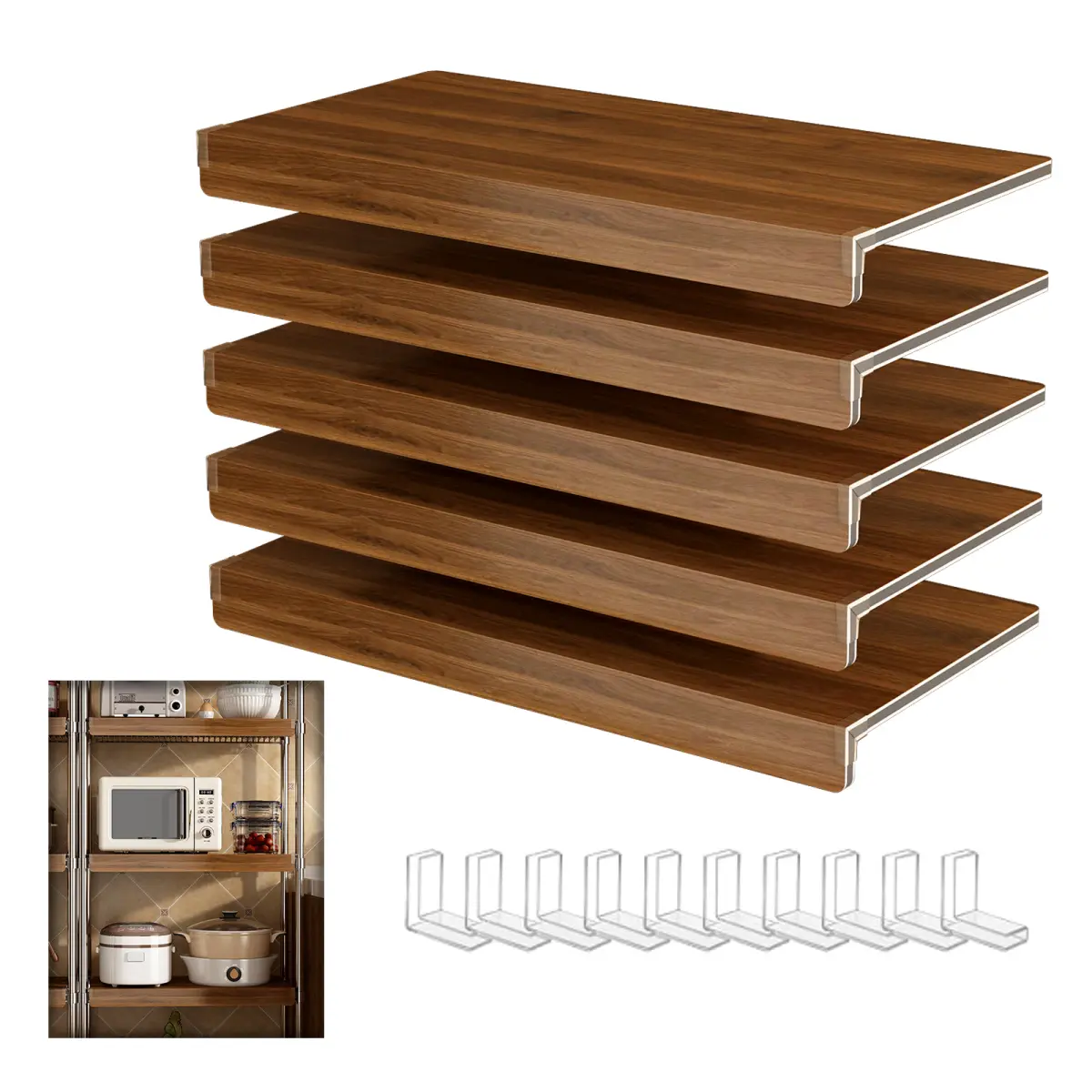 【Deals for You Days】5 Pack Wood Grain Wire Shelf Covers with Acrylic Corner Clips, Waterproof Wipeable PVC Shelf Liners, Tool Free Install Anti Scratch Rust Protection Organizer Cover for Kitchen Pantry Storage Racks
