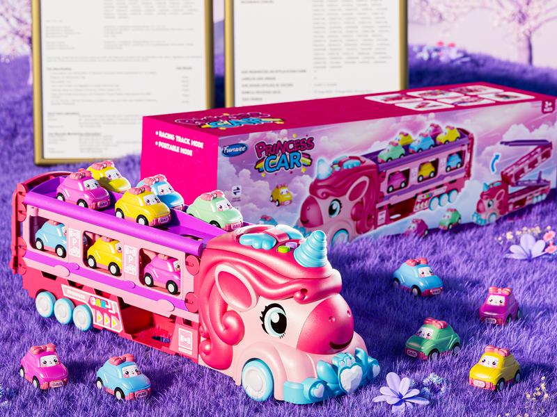 Durable Garage Multifunction Dinosaur/Princess/Unicorn Truck Toys for 2-7 Year Boys & Toddlers Foldable Track 2 Player Race Mode Light Sound Transport Carrier with 6 Dino Cars 12 Accessories Birthday Christmas Gift Idea for Kids Girls