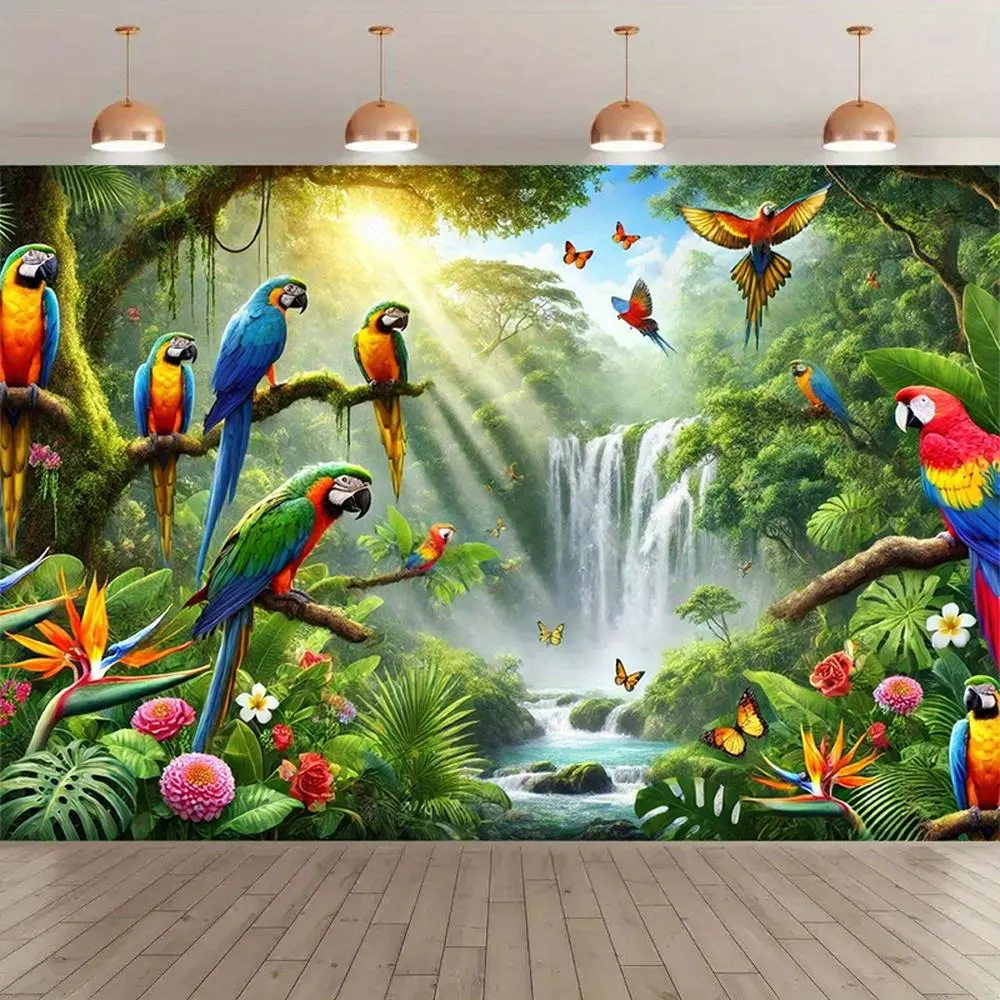 High-Quality Polyester Tropical Rainforest Bird Gathering Tapestry Wall Mural, Durable Decorative Flower Pattern Wall Hanging Tapestry with Waterfall, Lush Foliage for Studio Props, Party Decor Hanging