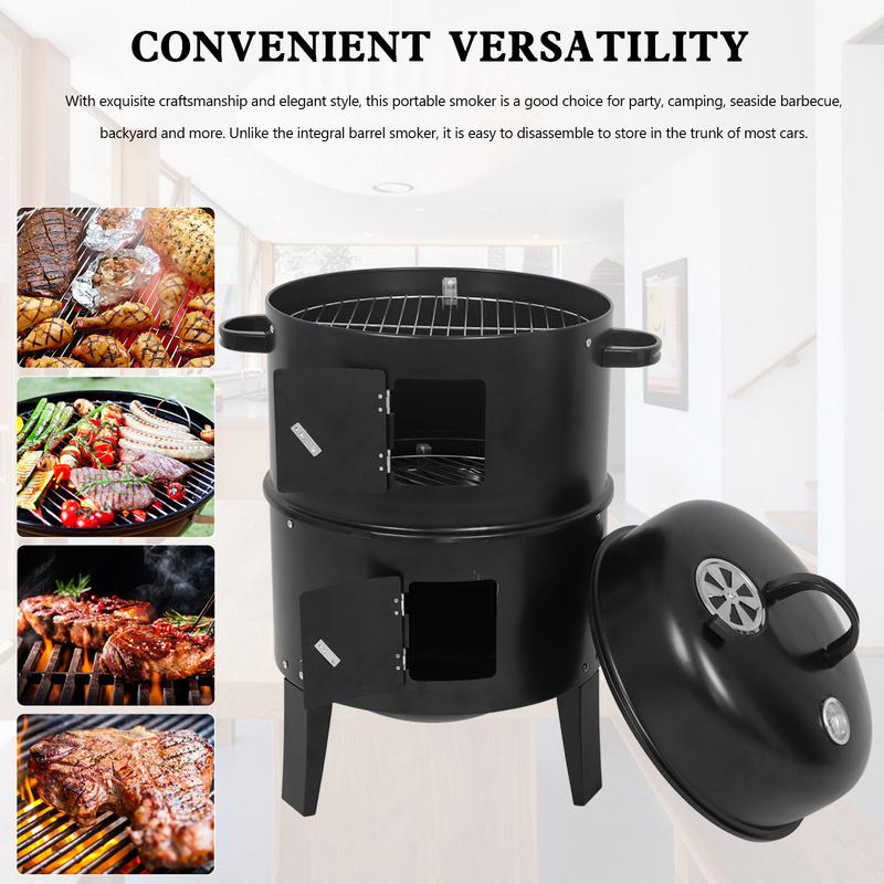 3-in-1 Portable BBQ Smoker Grill - Multi-Layered Detachable Cooker with Thermometer for Outdoor Grilling & Camping