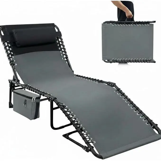 Chaise Lounge Chair Outdoor, 5-Position Adjustable Sun Tanning Chair with Carrying Handle and Side Pocket, Folding Bed Cot with Removable Pillow for Garden, Beach, Patio, Pool, Camp- Portable Tanning Chair for Garden, Pool, Beach, Camping