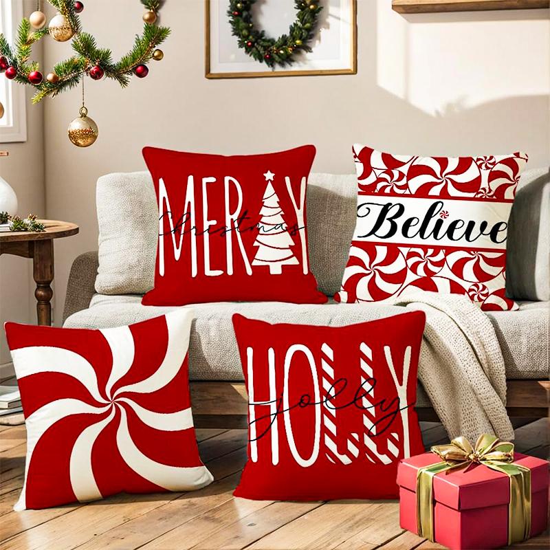 【FaddishDeal】4Pcs-Christmas Decorative Pillow Set, Red Candy Cane Porch Pillow Cover, Single-Sided Linen Print, Winter Holiday Gift, Cushion Cover Home Decor.excellent gifts for Christmas and new year，Must-buy on Black Friday