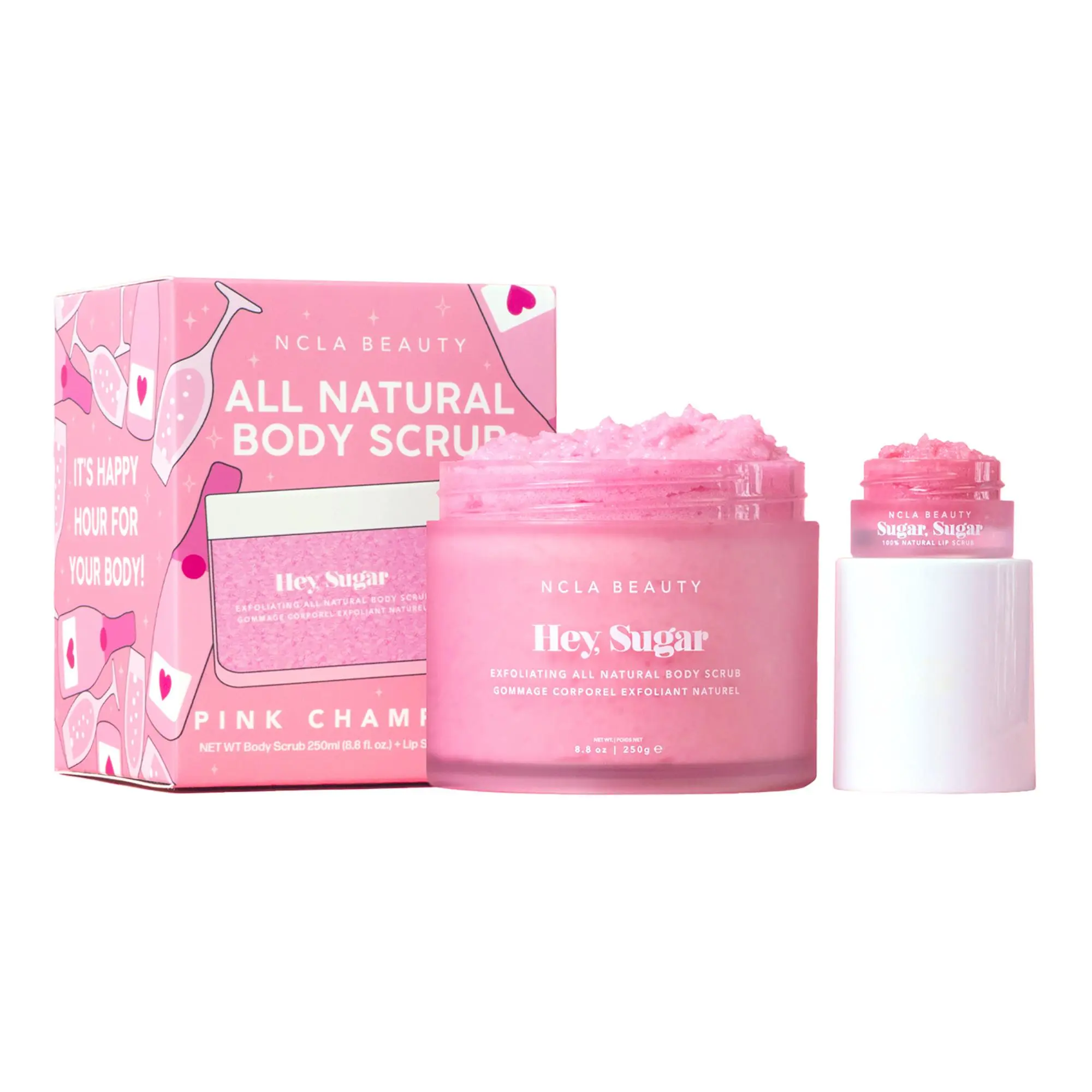 NCLA Beauty Hey Sugar Body Scrub Plus Bonus Mini Lip Scrub - Lip Exfoliator and Moisturizing, Exfoliating Sugar Scrub - Pink Champagne - 2 pc
