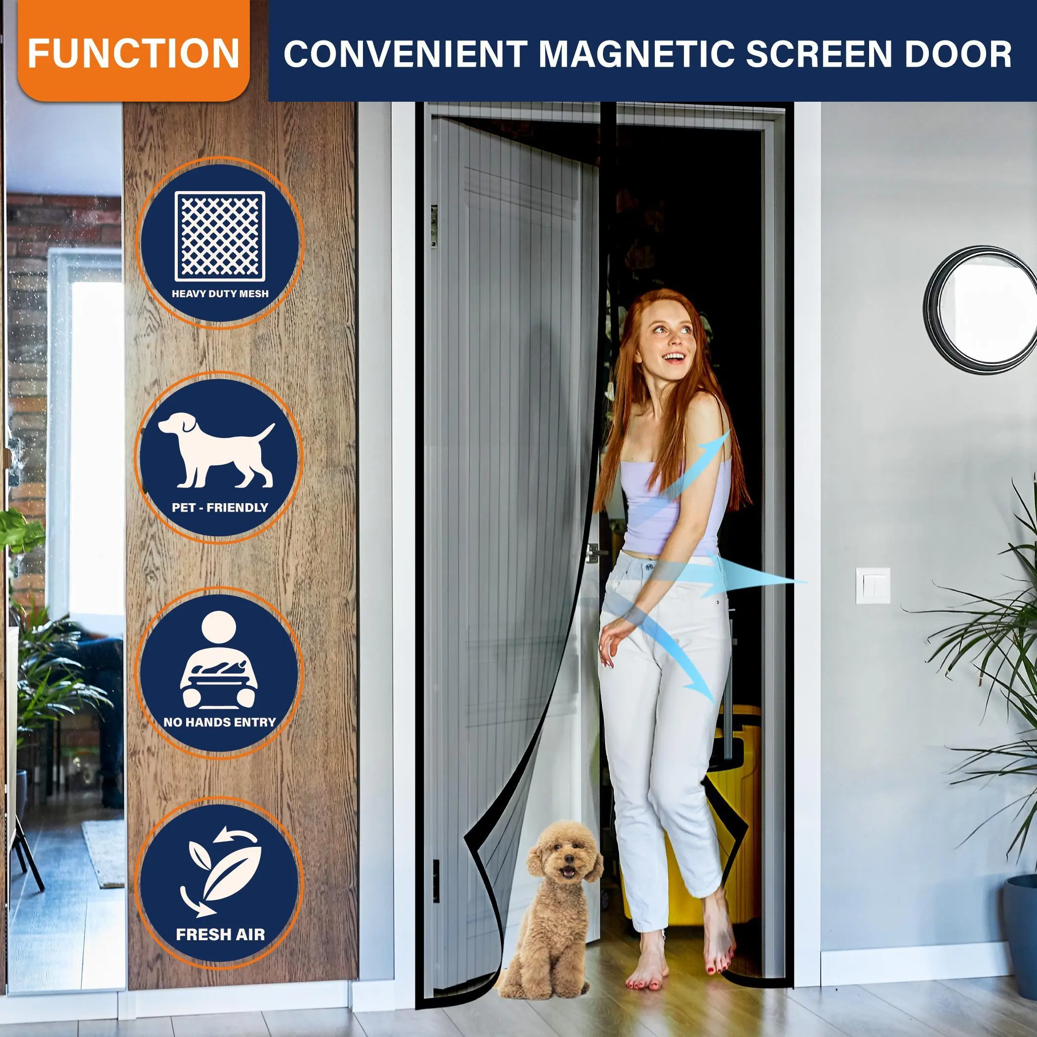 Premium Fiberglass Magnetic Screen Door Mesh - Strong Magnetic Closure, Heat Insulation, Windproof, Dustproof, Insect-Proof, Heavy-Duty Durable, Weather-Resistant, No-Drill Non-Adhesive, Easy DIY Installation, Retractable Garage Door Fit, Magnetic Screen