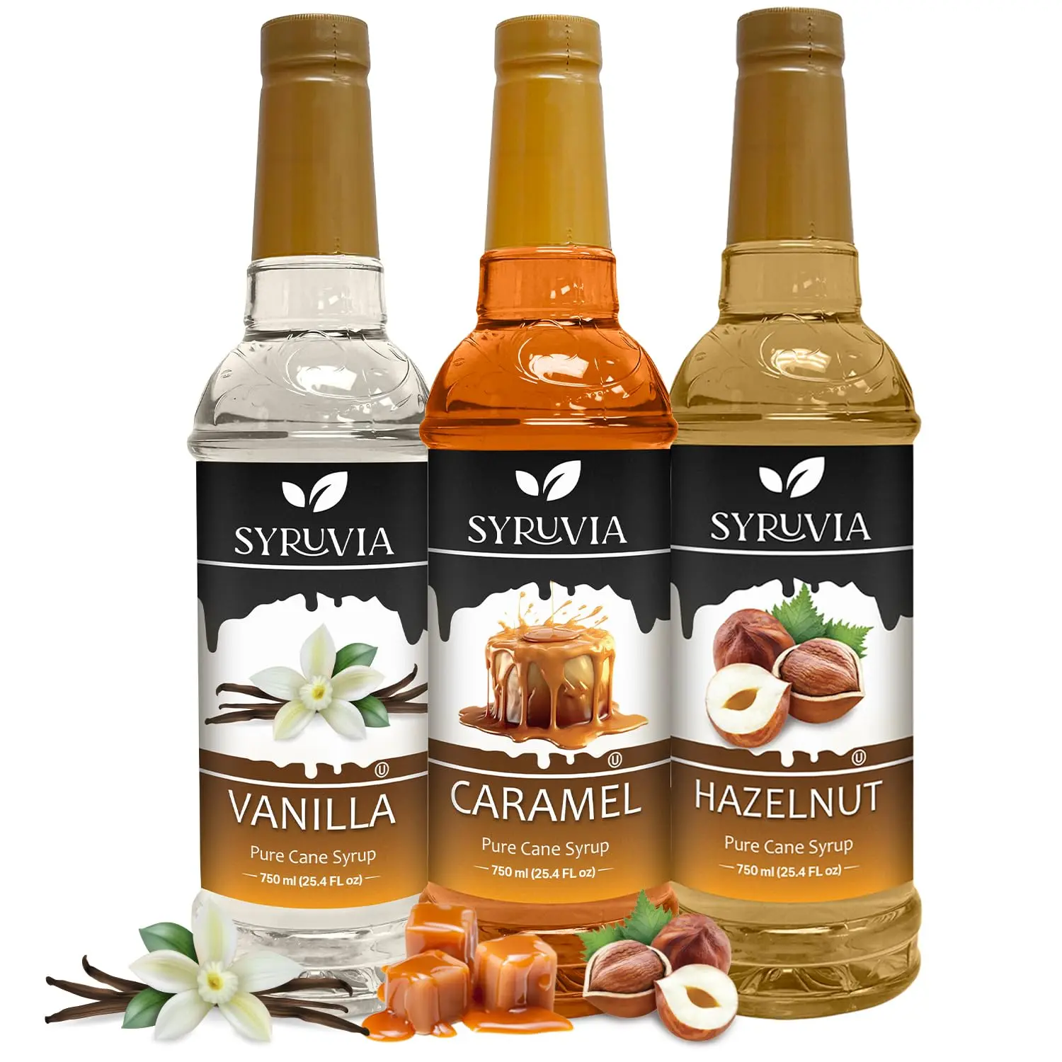 Syruvia Sweet Flavor Syrup Variety Pack - Vanilla, Caramel, Hazelnut (3-Pack, 25.4 Fl oz Each) - Syrup for Coffee, Beverage Use, 3 Bottles for Home and Guests