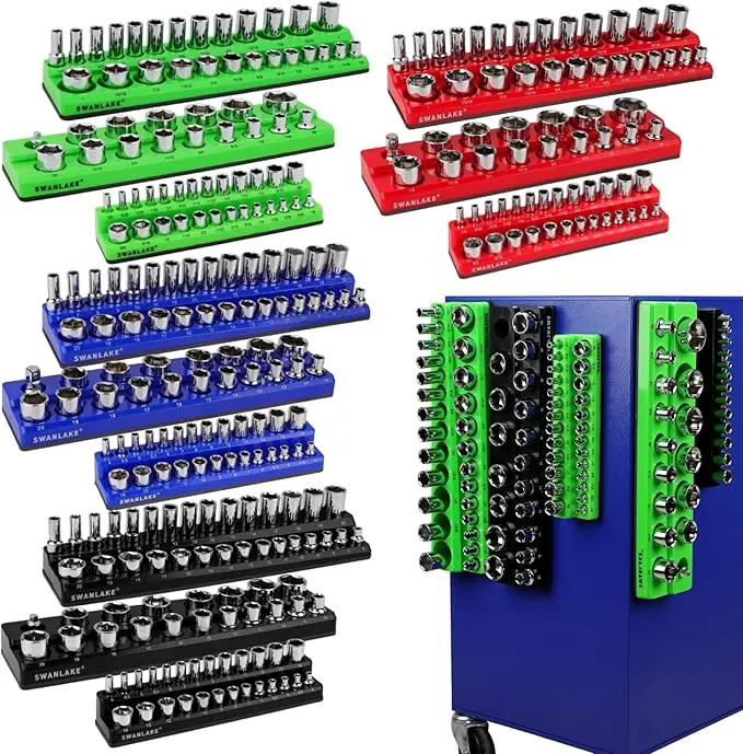 【DealsForYouDays】Magnetic Socket Organizer Set, 6 Pieces Various specifications, 1/2-inch, 3/8-inch, 1/4-inch Drive, Holds 143 SAE&Metric Sockets, Red & Blue, Professional Quality Tools Organizer Hardware Heavy Duty #TikTokShopBlackFriday