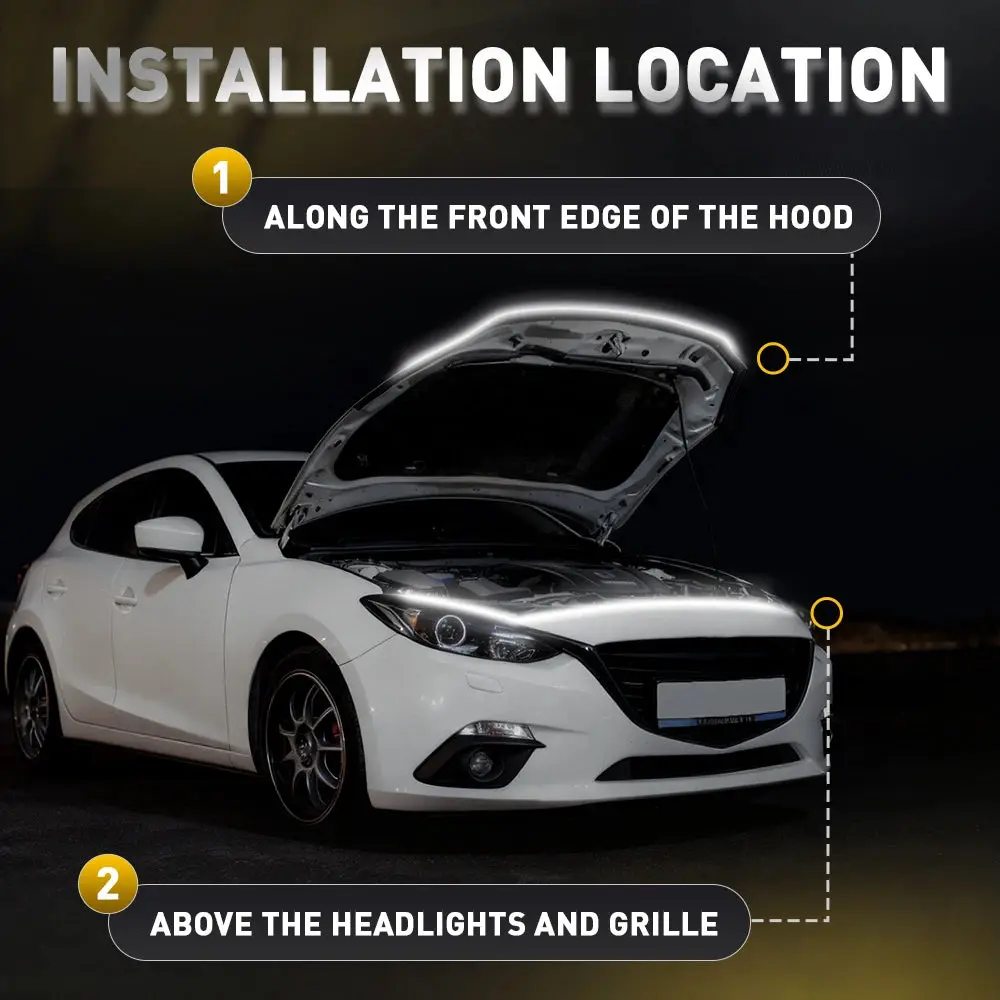 BrightFlex Car Hood LED Strip Scan Start Up Hoodbeam Kit Daytime Running Lights White for Cars Trucks SUV