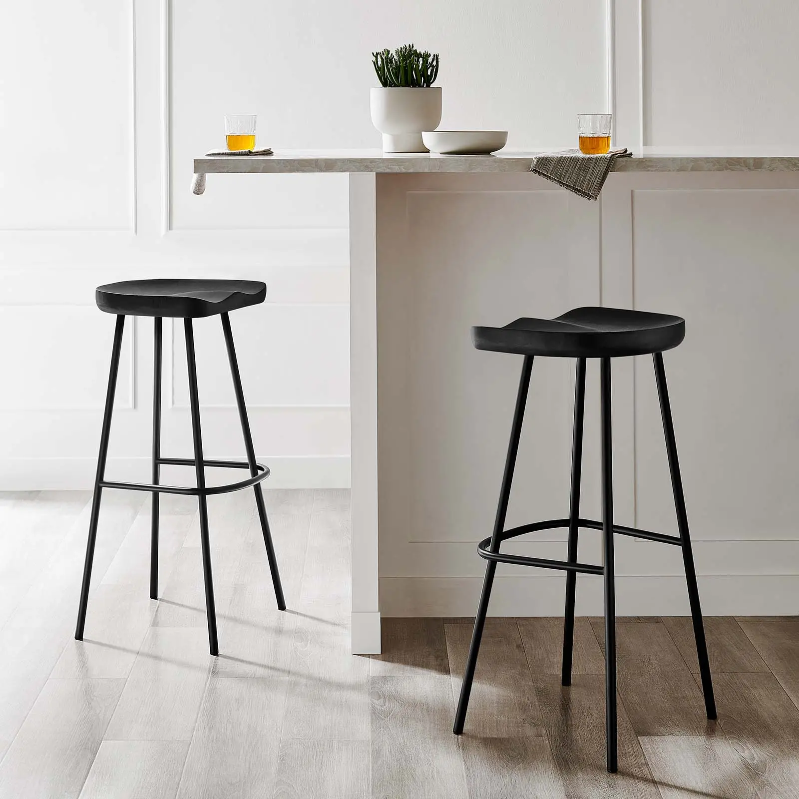 Modway Concord Contemporary Backless Wooden Home Bar Stools - Set of 2, Black, Metal, Fully Assembled, Modern Indoor Kitchen Furniture