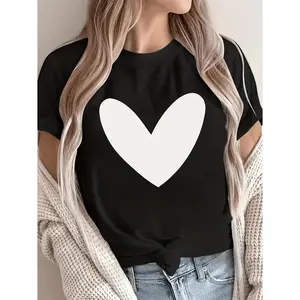 Plus Size Casual TShirt for Women Featuring a Black and White Heart Pattern Made from Soft Breathable Opaque Material Round Neck Short Sleeve Top with Easy White Heart Design