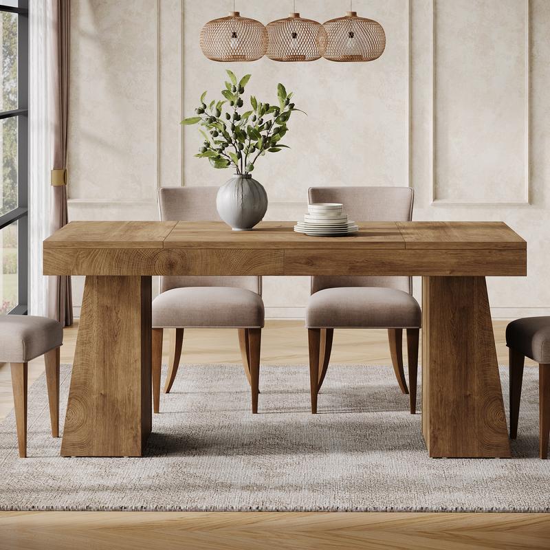 LITTLE TREE 55-Inch Dining Table for 4-6, Rectangular Dining Room Table with Sturdy Legs, Wood Kitchen Dinner Table, Mid-Century Modern Dining Table for Dining Room, Kitchen, Home