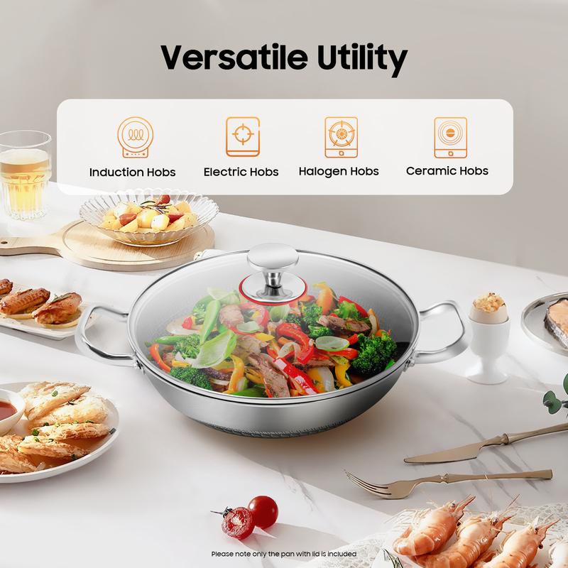 Professional 316 Stainless Steel Frying Pan Induction Compatible Non Stick Skillet for All Stovetops Gas Electric Ceramic Even Heating Restaurant Grade Cookware with Glass Lid