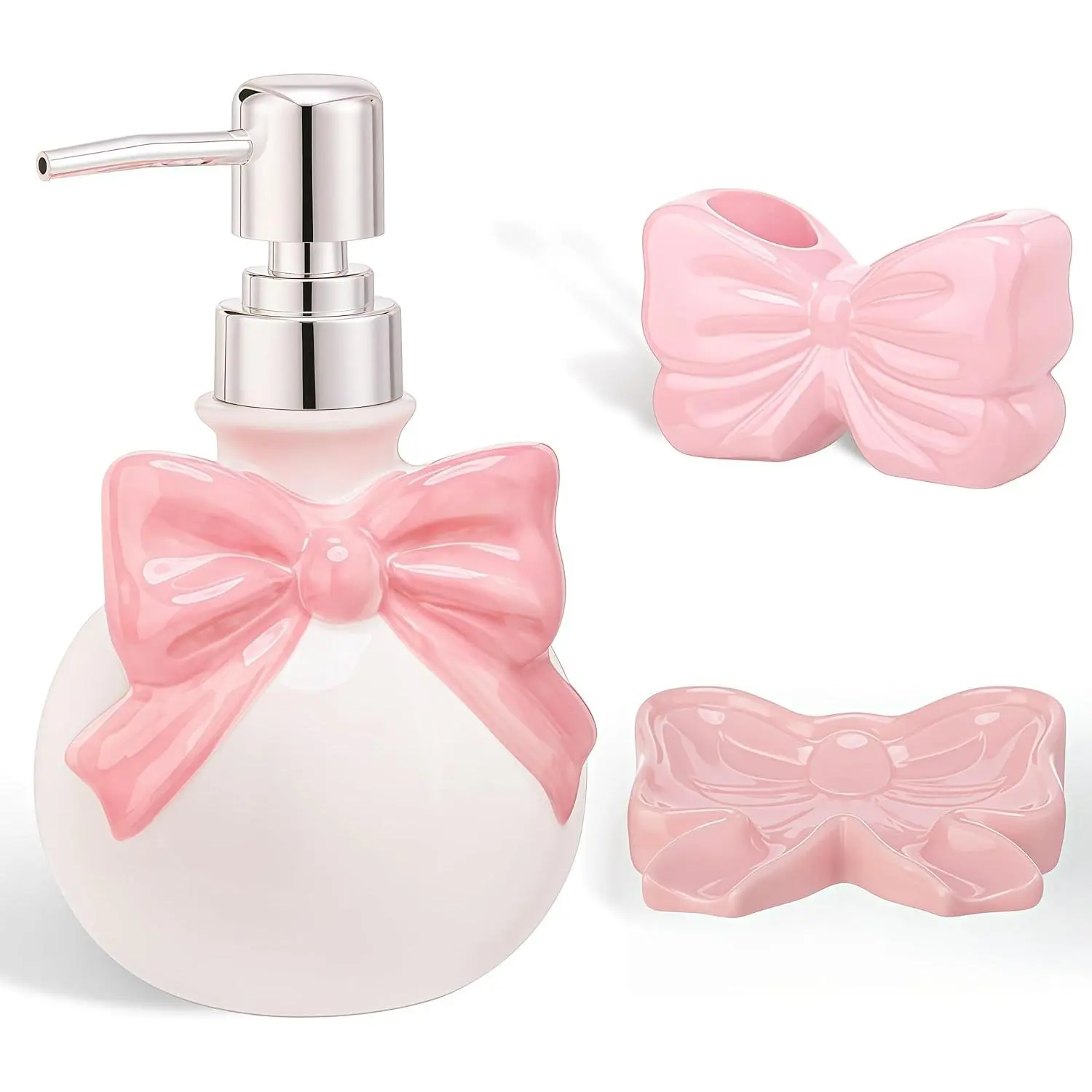 Pink Bow Ceramic Bathroom Vanity Accessories Set (3-Pcs) - Countertop Soap Dispenser, Toothbrush Holder, Soap Holder for Modern Home Sink Decor