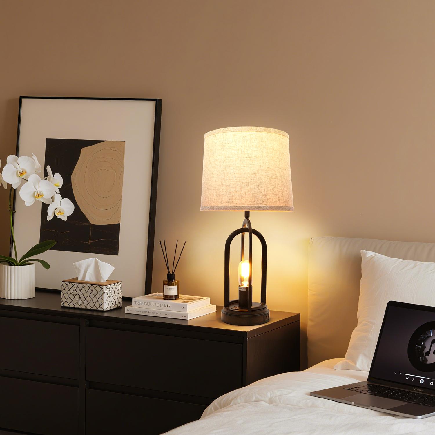 GLITGATE Set of 2 Rustic-Style Table Lamp, Natural Table Lamp with 2 USB Ports, Bedside Table Lamp with Button Control, Modern Night stand Lamp, Desk Farmhouse Lamp with Fabric Shad For Bedroom, Living Room, Reading, Decorative Home