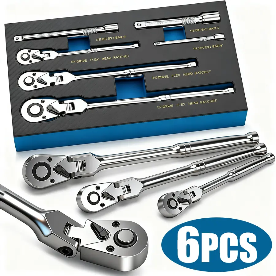 6-Piece Flex Head Ratchet Set Chrome Vanadium Steel 1/4 3/8 1/2" Drive with Extension Bars 72 Tooth 180° Adjustable Quick-Release Professional Swivel Head Ratchet Wrench Gift Set for Tight Spaces and Easy Reach