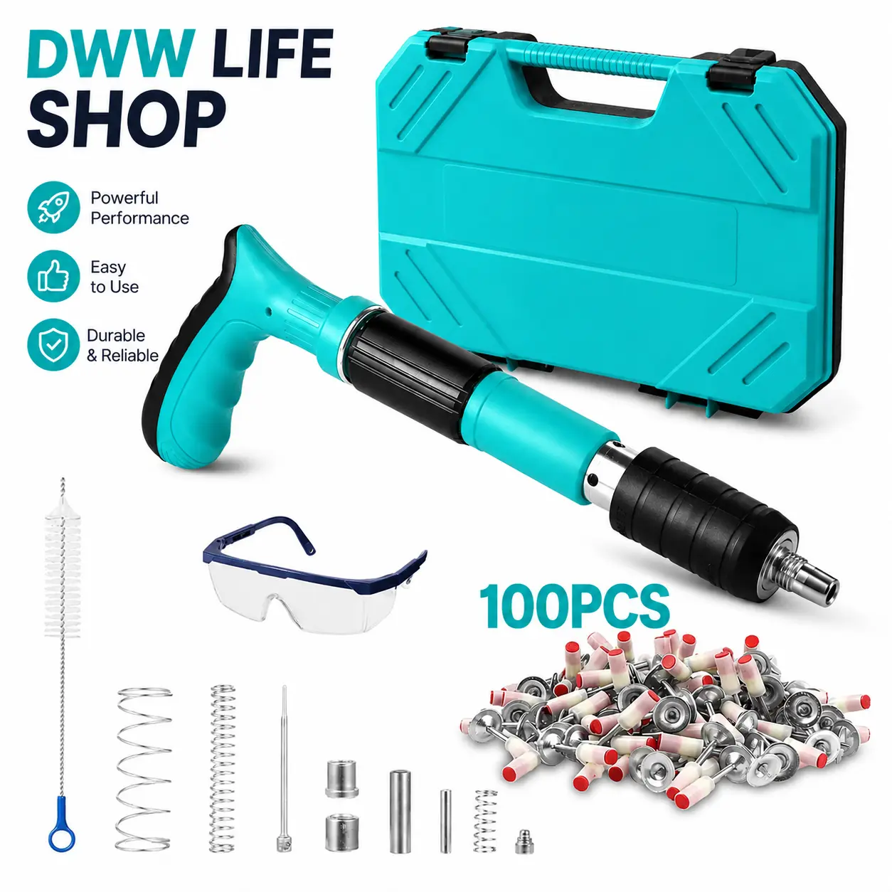 Concrete Nail Gun Kit,5-Level Adjustable Steel Nail Fastening Tool for Wall and Ceiling Installation, Compact Pressure-Activated Nail Installer with 100 Steel Nails and Storage Case, dealsforyou, summerwins