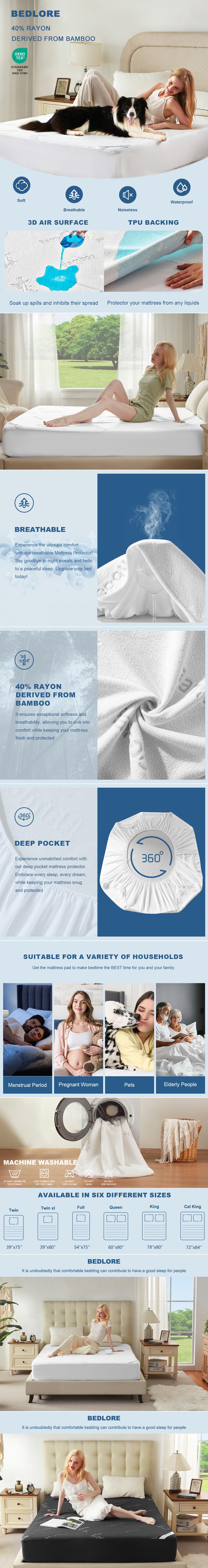 【BEDLORE】Dark Bamboo Leaf Waterproof Fitted Sheet, Soft Breathable & Dust-Resistant Fabric with Deep Pocket Fit for 6–18 Inch Mattresses