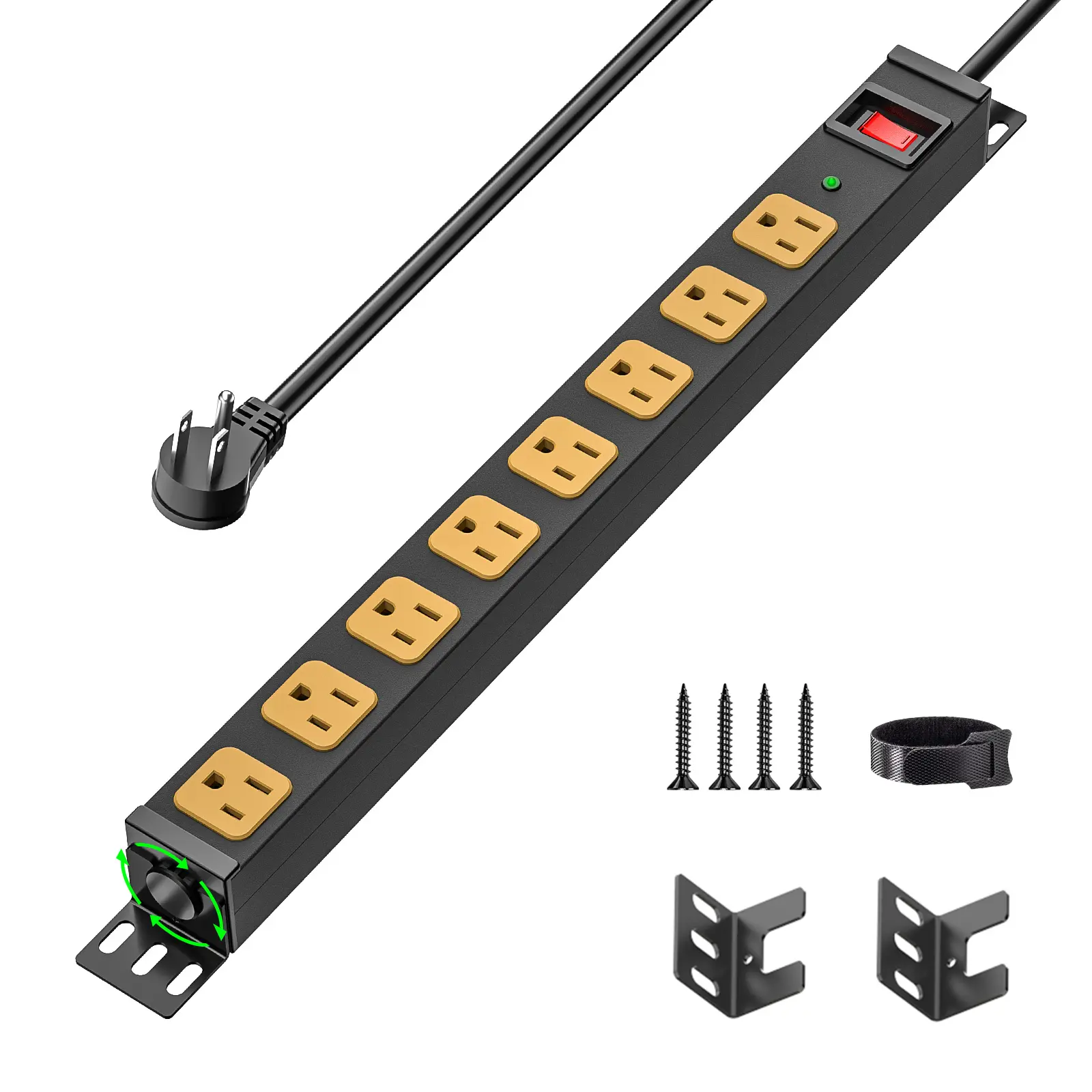 CRST Heavy Duty Rectangle Surge Protector, 8-Outlet Metal Mountable Power Strip with 6FT Flat Plug Cord, 2100J Surge Protection, Adjustable Brackets for Server Rack, School, Garage, Office, Workshop, ETL Listed