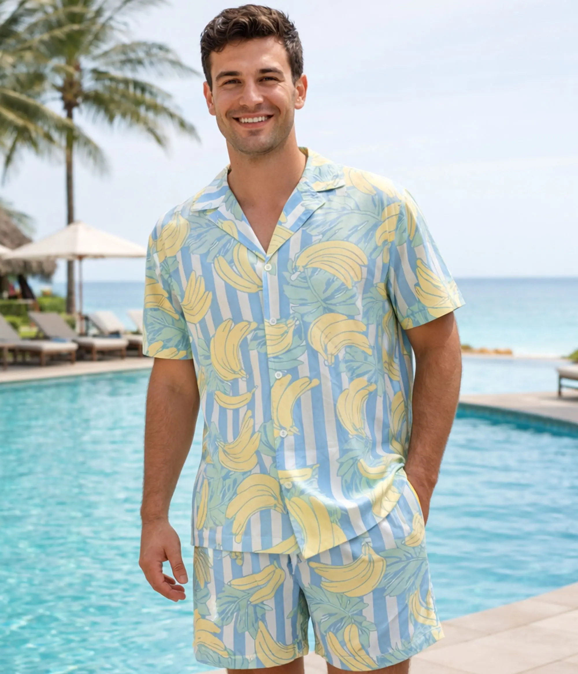 Men's Tropical Graphic Shirt - Short Sleeve Cabana Style Button-Up with Banana and Stripe Print, Menswear, Shortsleeve, Fruit, Button-Up Cut, Breezy