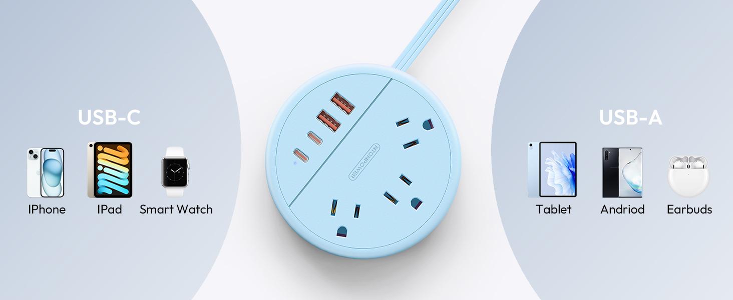 NTONPOWER Travel Power Strip Cruise Essentials approved Round Strip 3 AC Outlets 4 USB Ports (2 USB C) 20W 4FT Wrapped Around compact Extension Cord Home Office Perfect Gift for Travel Essentials