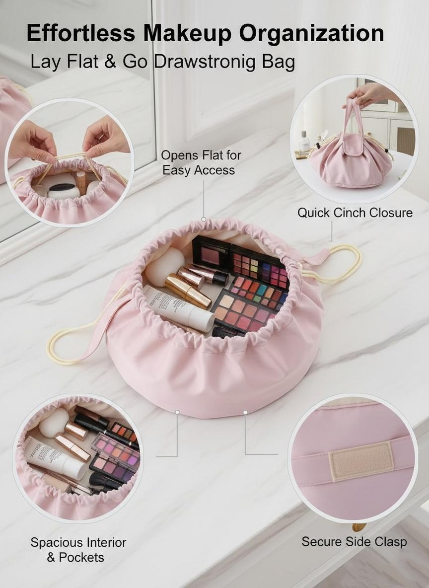 Barrel Drawstring Makeup Bag Large Cosmetic Bag Make up Bags Women and Girls Toiletry Organizer for Travel Toiletries Accessories Essentials