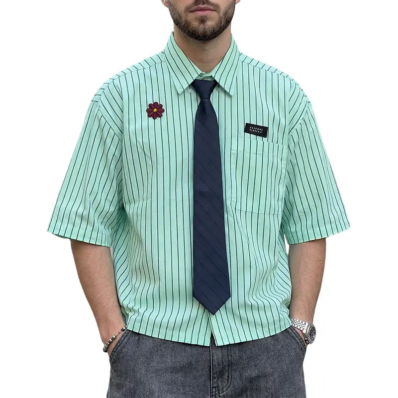 INCERUN Men Buttons Half Sleeve Flower Printed Basic Blouse Summer Casual Stripe Tees Shirt Tops