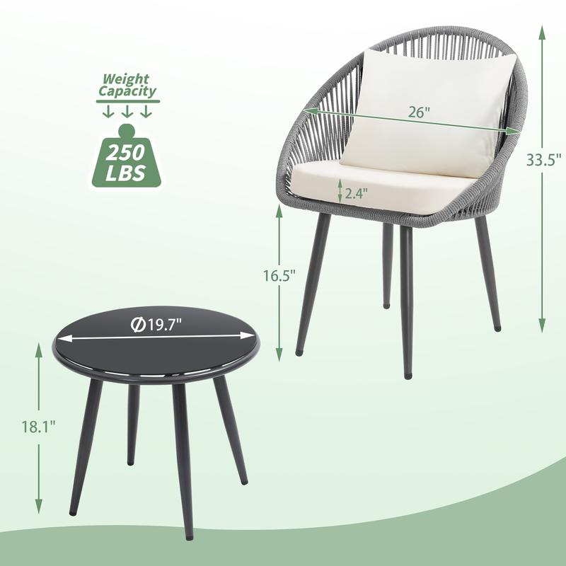 3-Piece All-Weather Bistro Set – Woven Rope Chairs with Cushions & Side Table, Modern Black Patio Set for Balcony, Poolside & Outdoor Lounging 3-Piece All-Weather Bistro Set – Woven Rope Chairs with Cushions & Side Table, Modern Black Patio Set for Balcony, Poolside & Outdoor Lounging