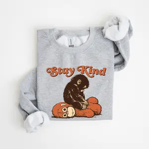 Stay Kind Baby Monkey Sweatshirt | Retro Viral Macaque & Stuffed Orangutan | Kindness Crewneck | Gildan 18000