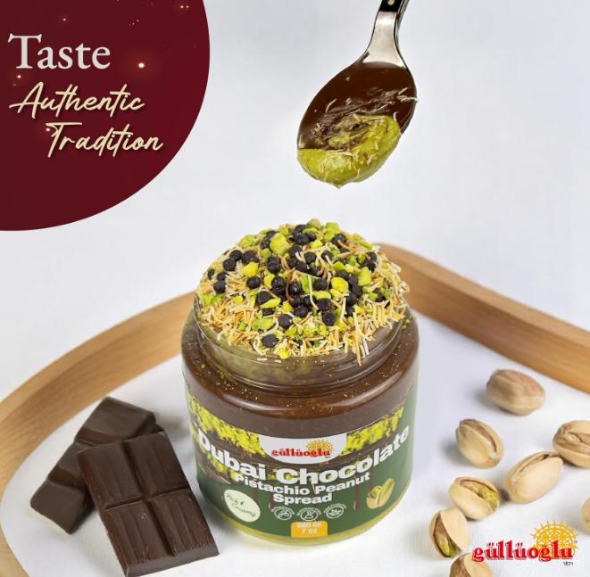 Gulluoglu Dubai Chocolate Pistachio Peanut Spread – Rich & Creamy Middle Eastern Chocolate Paste with Roasted Pistachios & Peanuts, 7 oz (200g) Jar – Gourmet Halal Dessert