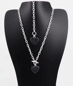 925 Solid Sterling Silver Dangle Engravable Heart Toggle 18 in Necklace & 7.5 in Bracelet Set – 3.5mm Rolo Chain