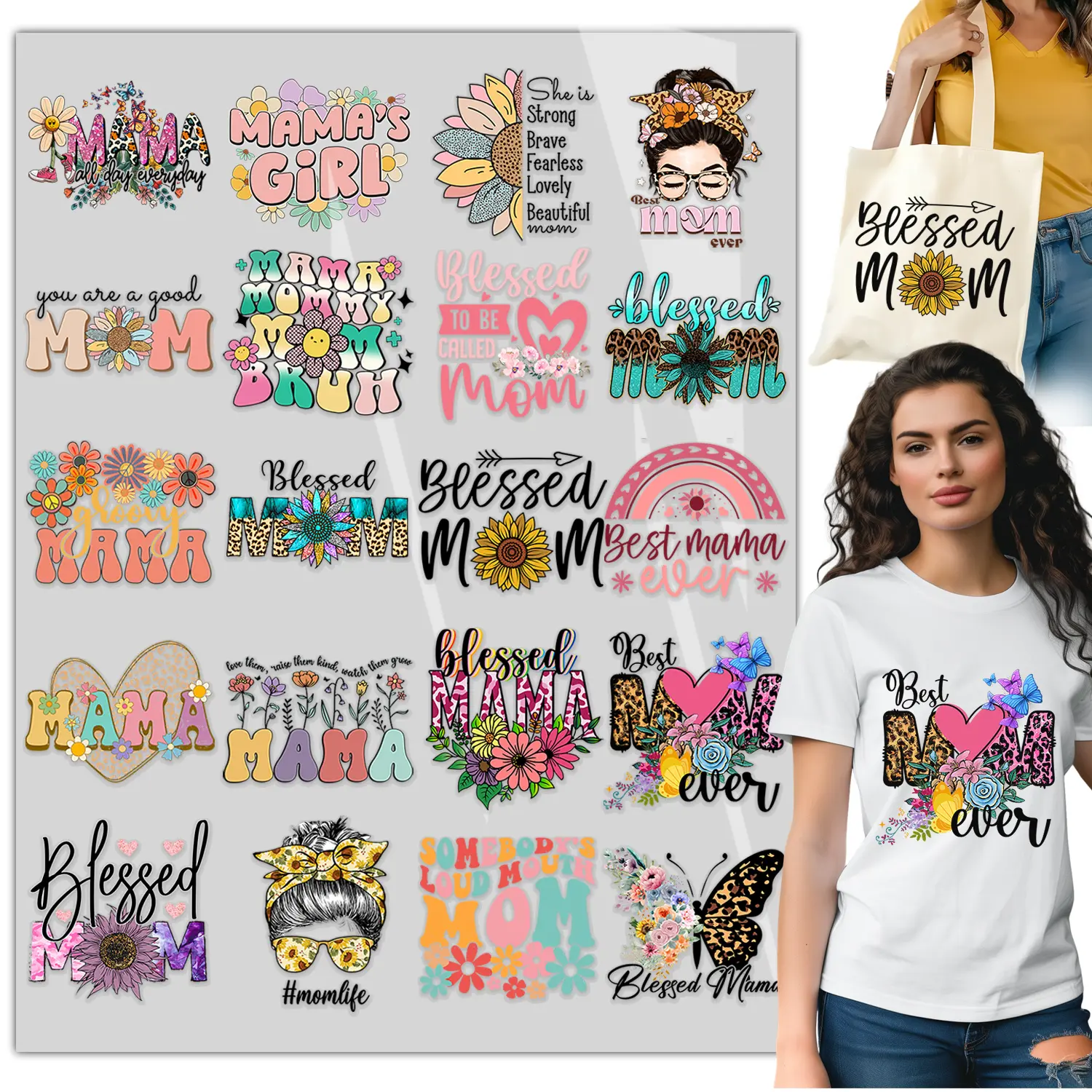 20PCS Mother’s Day DTF Heat Transfer Bundle – Mom & Mama Designs – Iron On Transfers for Shirts, Hoodies, Tote Bags, Aprons & Pillows