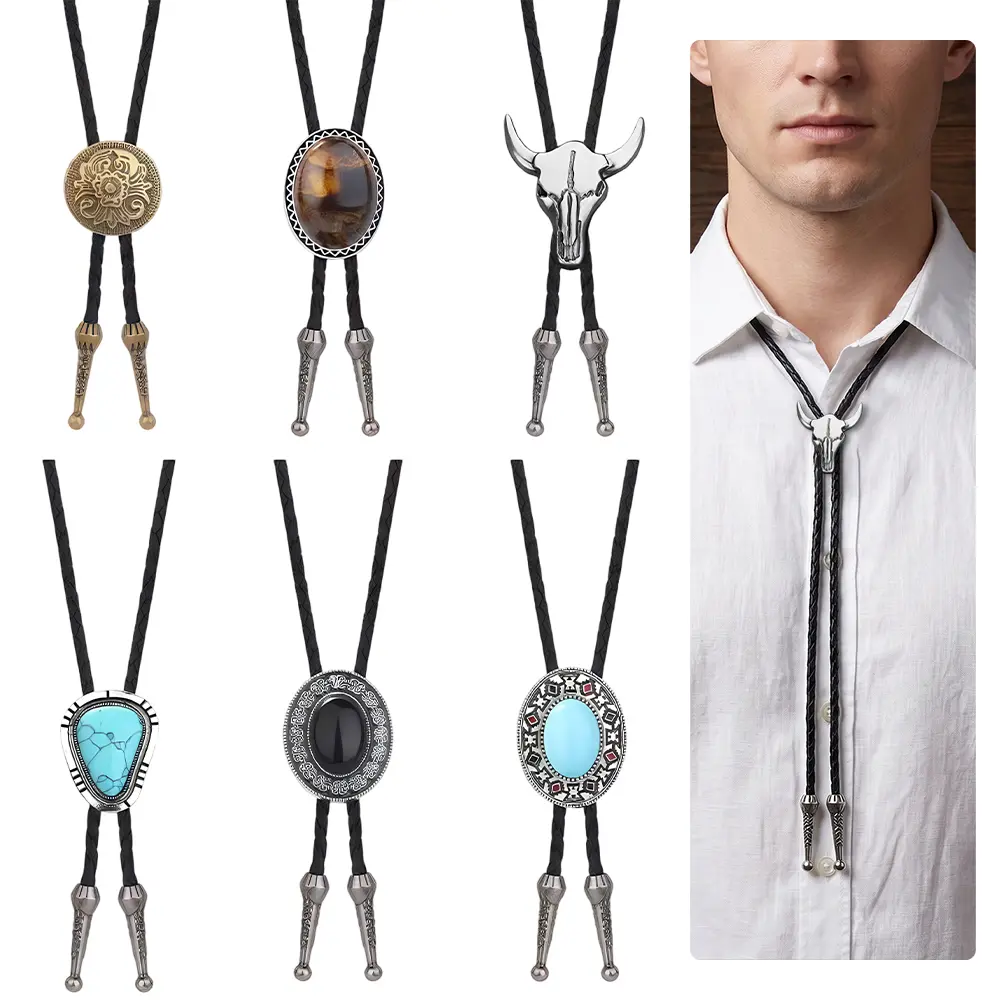 Unisex Bolo Tie Set, 6-Piece Handmade Western Ties with Braided Leather & Alloy Cowboy Motifs for Engagement Ceremony, Unisex Clothes, Adjustable Size, Cow Skull, 100Cm, Casual/Formal, Flexible Fit, Handbraided
