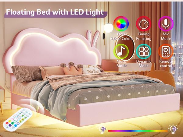 Amerlife Floating Bed Frame with LED Adjustable Headboard, Cute Leather Upholstered Platform Bed Frame with Wood Slats Support, Easy Assembly, No Box Spring Needed, Pink OR White Bed Frame camas con luces,Best Gift Ideas/Christmas Gifts