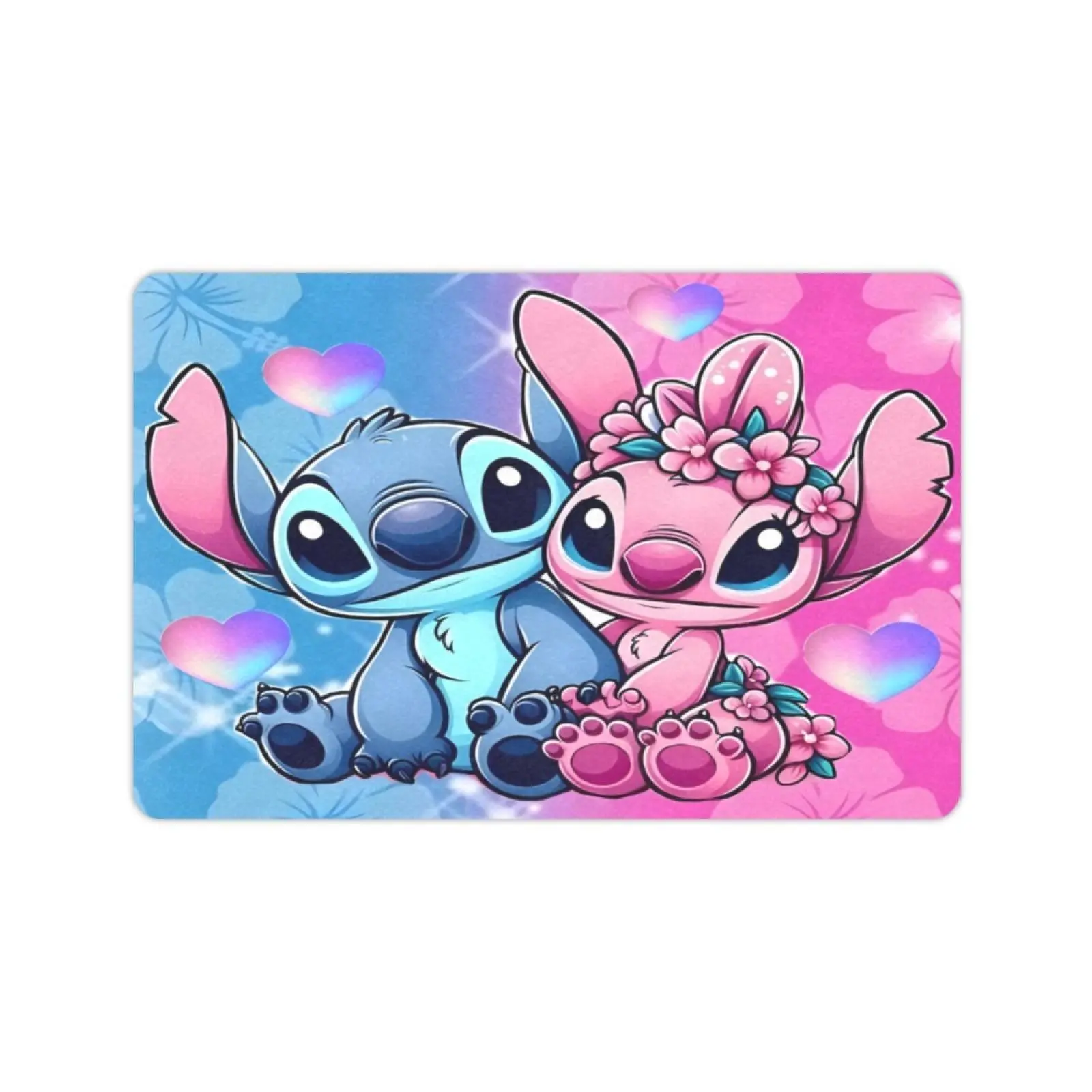 Disney Classic Lilo & Stitch Angel Print Doormat, Cute Pink-Blue Floral Heart Design, Non-Slip Washable Soft Entrance Rug, Traps Mud Before Floors, 28×17 In / 71×43 Cm & 30×18 In / 76×45.5 Cm, Room Decor for Bedroom Bathroom, Machine Washable, Easy Care