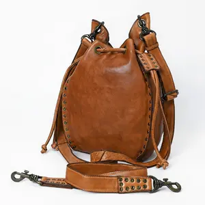Spaghetti Western Swc137Tan Bucket Vintage Handmade Drum Dyed Genuine European Cowhide Leather Women Bag Western Handbag Purse