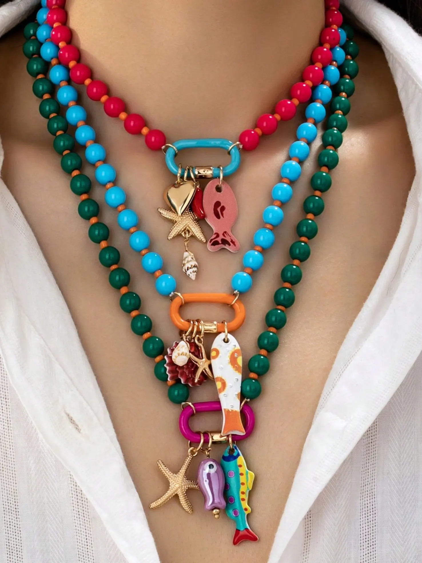 3-Piece Summer Beach Multi-Layer Resin Beaded Necklace Set, Boho Style Necklace with Colorful Fish and Starfish Charms for Women, Boho Trendy Jewelry for Vacation and Beach Parties