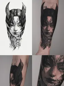 Creepy Smile Female Face Hand Tattoo - Ghostly Femme Fatale with Mysterious Grin, Dark Ethereal Gothic Design for Back of Hand, Waterproof Semi-Permanent Lasts 2 Weeks