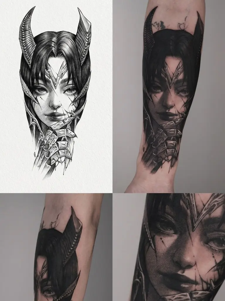 Creepy Smile Female Face Hand Tattoo - Ghostly Femme Fatale with Mysterious Grin, Dark Ethereal Gothic Design for Back of Hand, Waterproof Semi-Permanent Lasts 2 Weeks