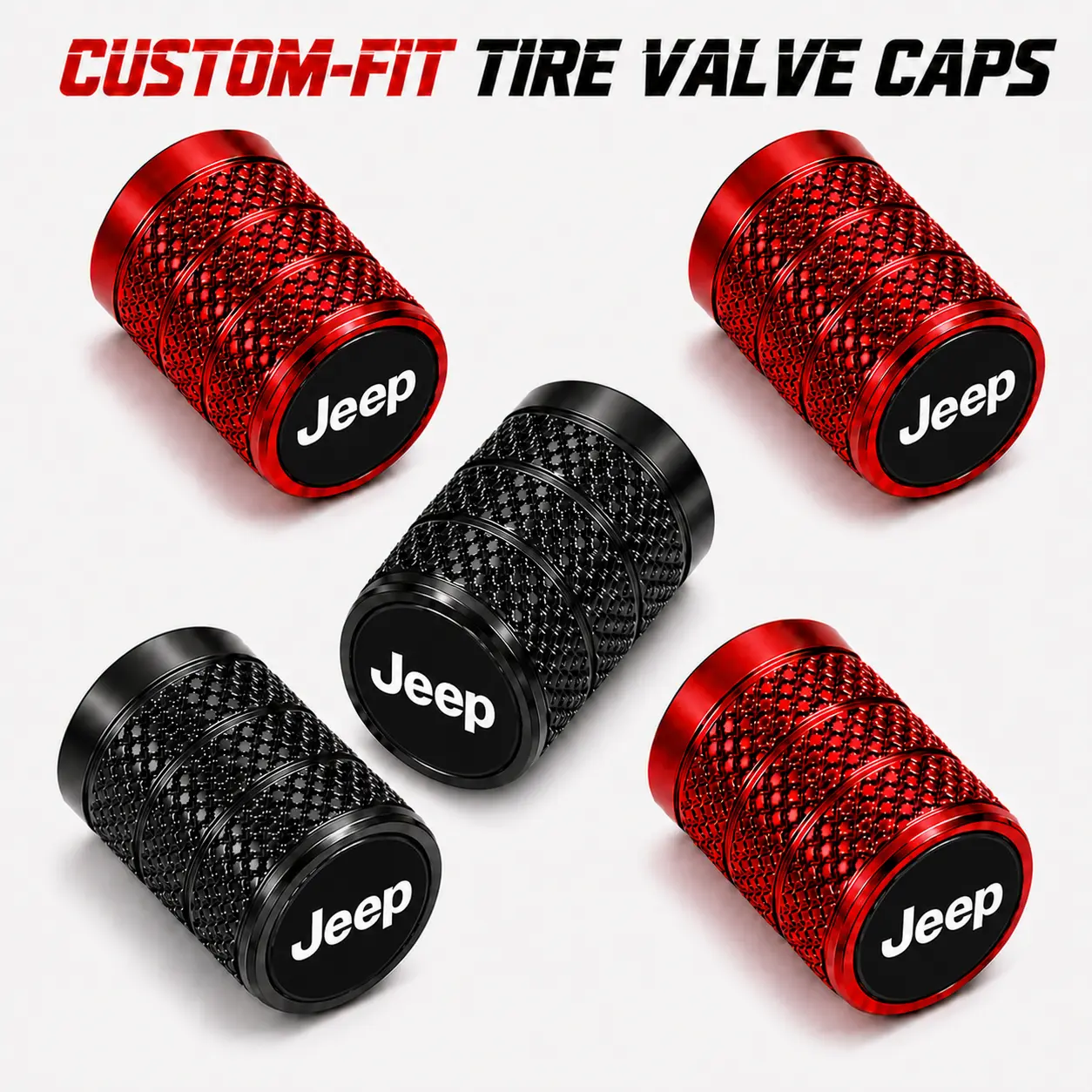 Jeep Logo Tire Valve Stem Caps, 5 Pack for Grand Cherokee Wrangler Compass Renegade Gladiator, Knurled Grip Aluminum Alloy Valve Covers with Rubber Seal, Easy Hand Tighten Anti-Slip Leak Proof Auto Parts Car Accessories for Off-Road SUVs