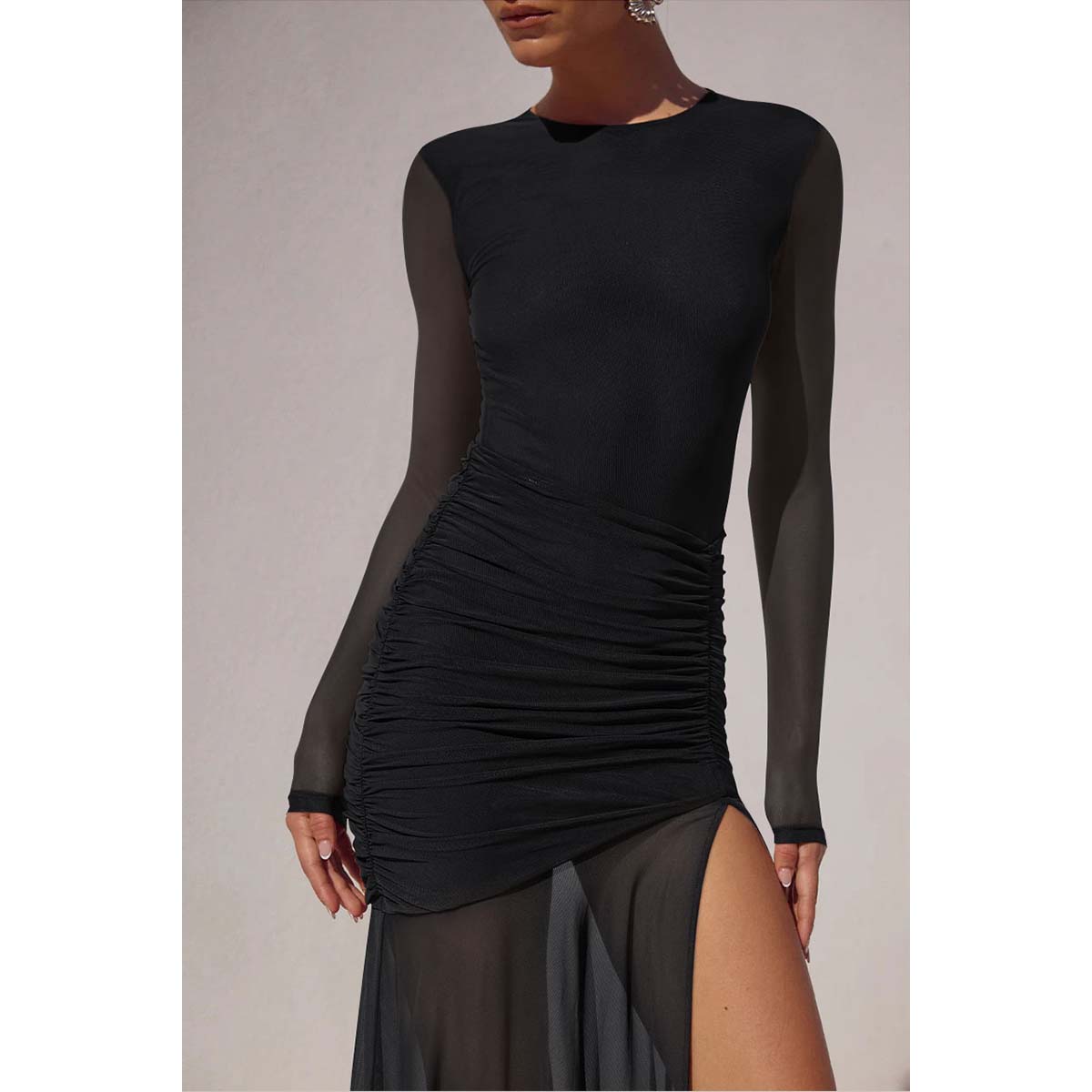 Aprilake Women's Elegant Mesh Long Sleeve Bodycon Ruched High Split Flowy Long Maxi Dress