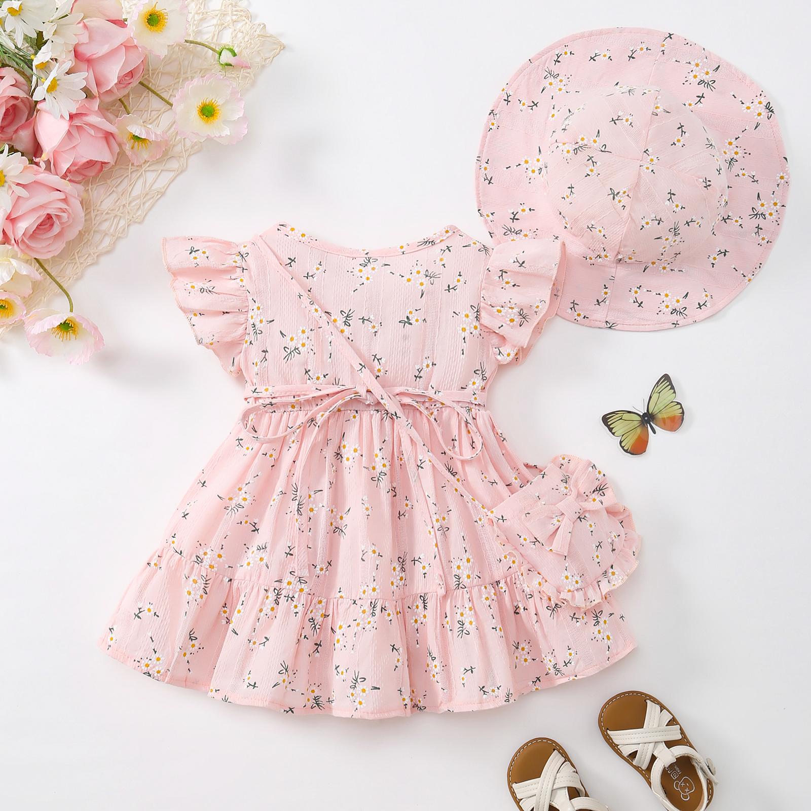YOUNGERTREE Baby Girls' Three-Piece Sleeveless Dress Set with Cute Bow Small Backpack & Sun Hat Spring Summer Casual Outfit little girl Playwear toddler summer dress