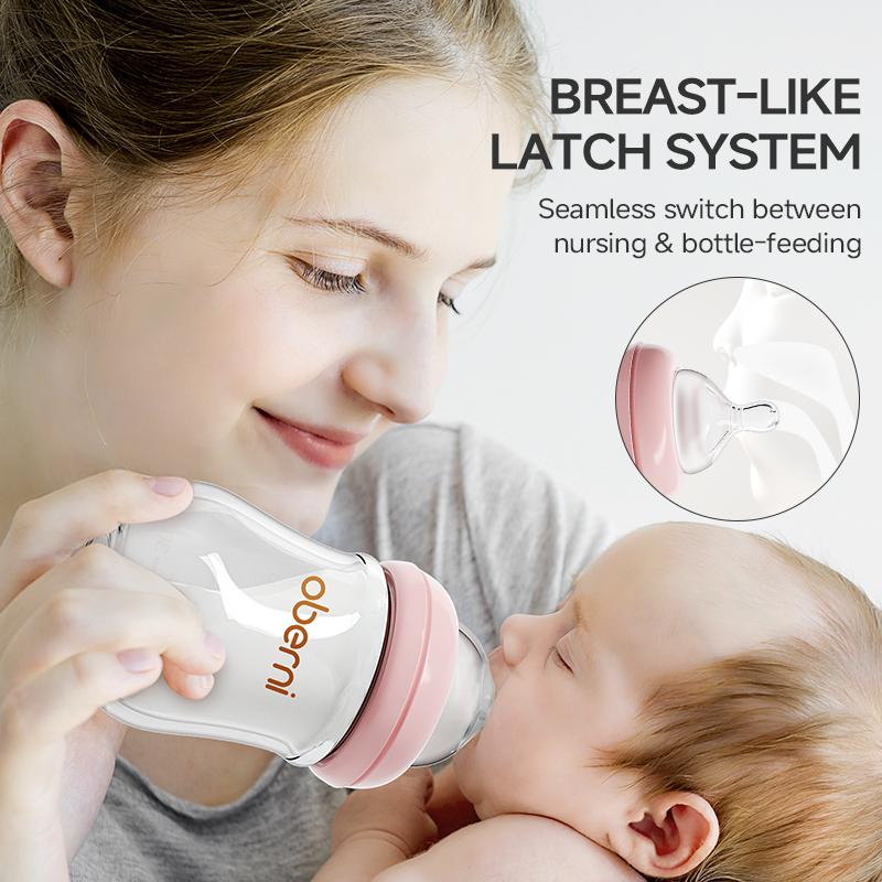 Oberni Breastfeeding Bottle 150ml/5oz Glass Anti Colic Baby Bottles with Natural Response Nipple BPA Free for Newborn Preemie 0+Month Infant Care Travel