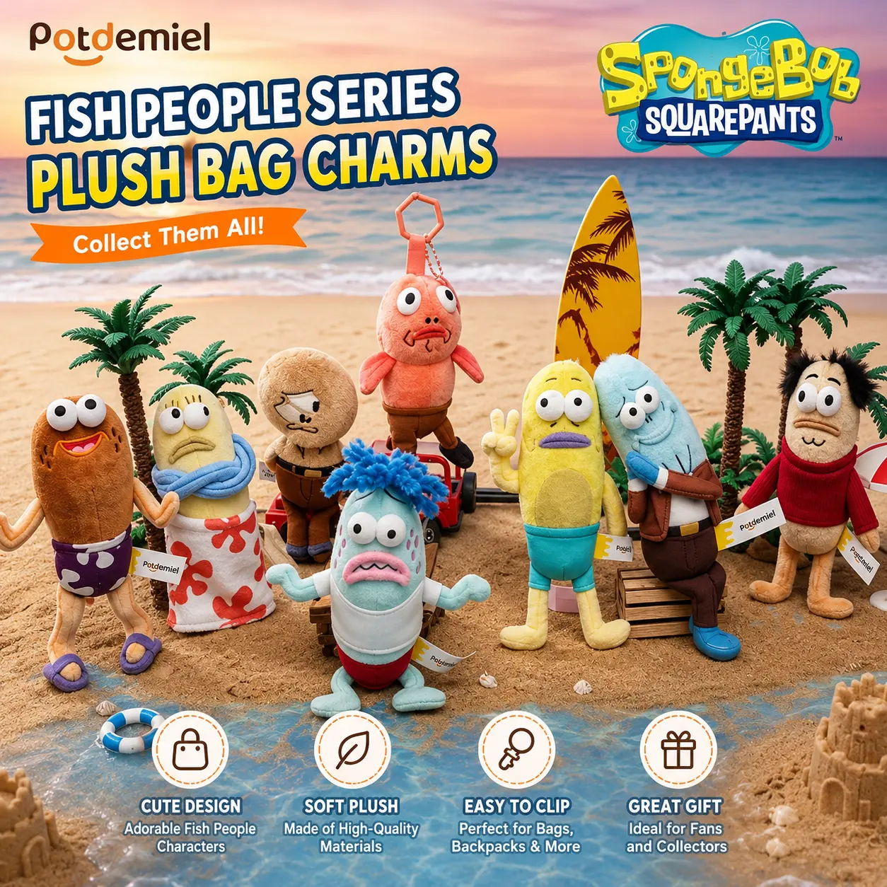 MINISO officially licensed SpongeBob “Sea Starfish” series plush bag charm—cute cartoon fish plush pendant keychain, collectible decorative toy, a great gift for children and fans, Back To School