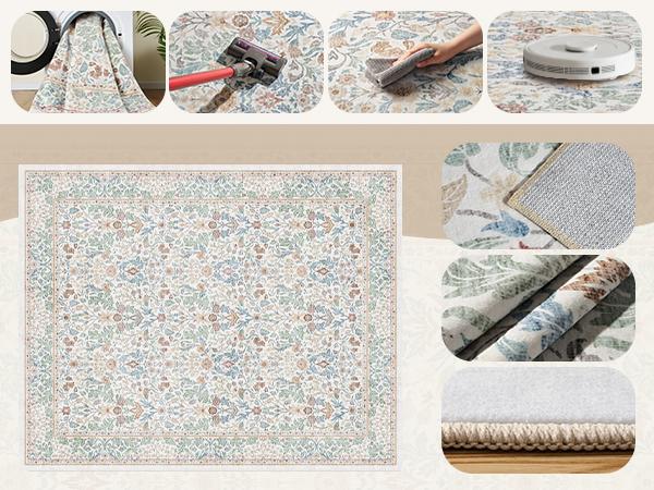 MontVoo Floral Pattern Decorative Rug Mat, Washable Bohemian Area Rug, Vintage Cottage Style, Non-Slip TPR Backing, Soft & Easy-to-Vacuum for Living Room and Bedroom