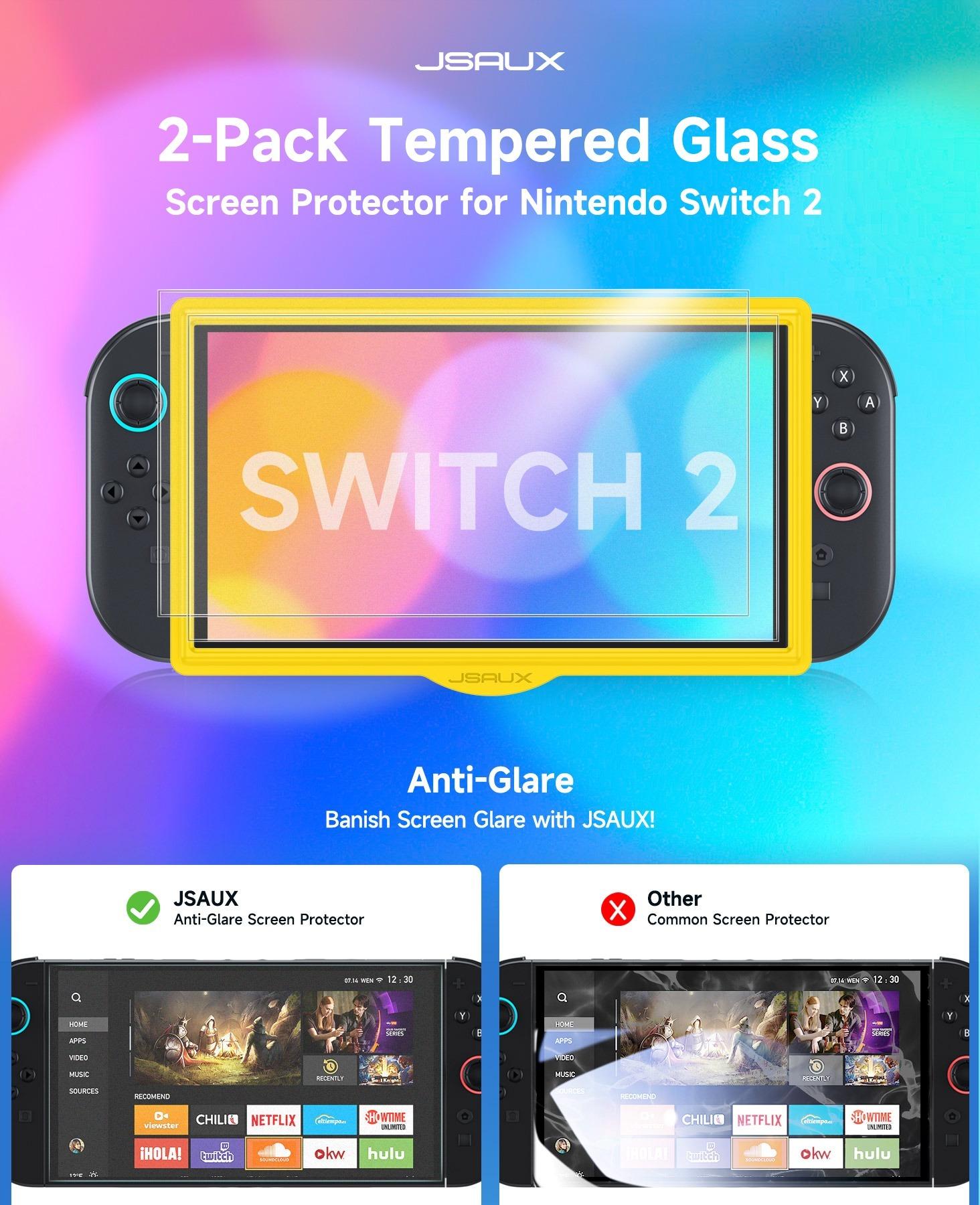 JSAUX 2-Pack Anti-Glare Screen Protector for Nintendo Switch 2, Matte Glass Protector 9H Hardness Easy to Install with Guiding Frame Scratch Resistant Tempered Glass