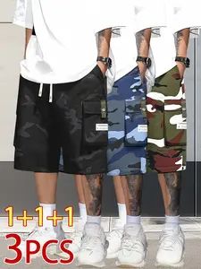 3-Pack Men’s Spring/Autumn Softskin Camouflage Cargo Shorts, Drawstring Waistband, Large Pockets — Durable Everyday Wear for Sports