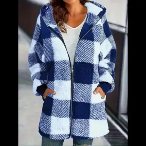 Women's Plush Hooded Jacket, Colorblock Long Sleeve Checkered Coat with Zipper & Pockets, Loose Fit Fall Winter Outerwear