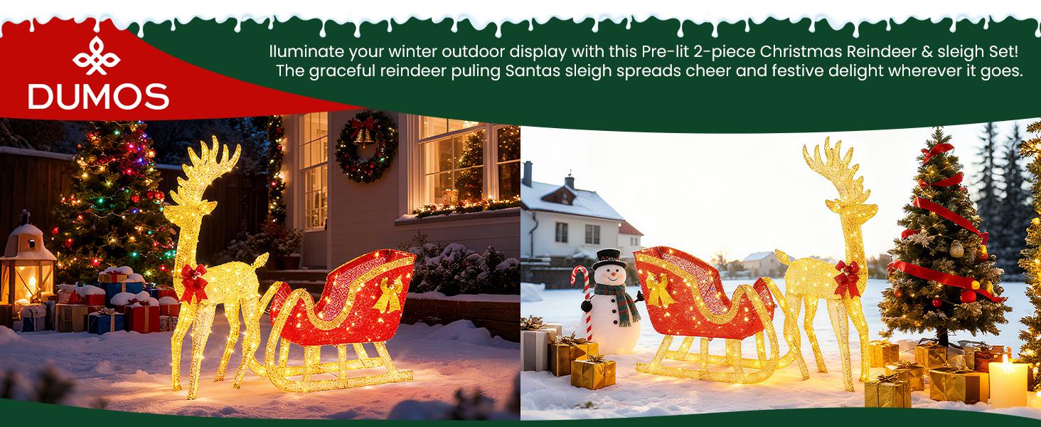 Lighted Christmas Reindeer & Sleigh Holiday Outdoor Yard Decoration Set ,3D LED Santa Claus Sleigh with Reindeer, Christmas Decoration Light