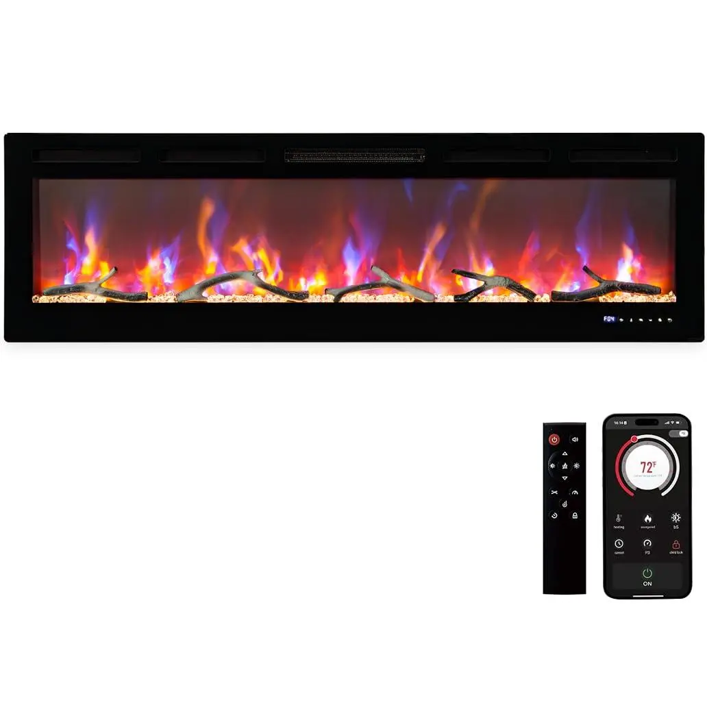 GARVEE 60-in Recessed & Wall-Mounted Electric Fireplace - Smart WiFi Infrared, Alexa, Touch Screen, Remote Control, Thermostat, Timer, 13 Realistic Ember Colors, Child Safety Lock, 750W/1500W, Black Finish, Wall Mount, 13 Realistic Embercolors, New, Displ
